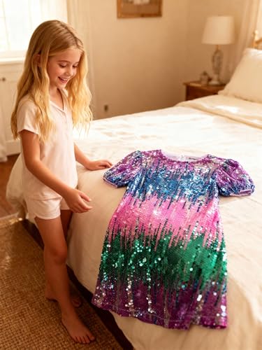 Image of WELAKEN Girls Ombre Sequin Dress Sparkly Fancy Short Puff Sleeves Gradient Party Dress