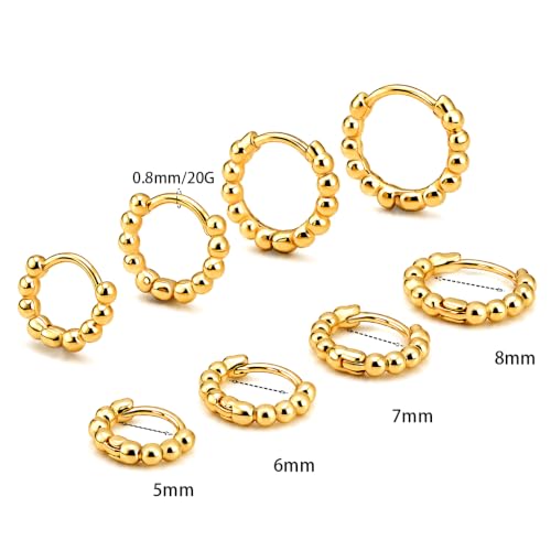 4 Pairs 5 6 7 8 mm Tiny Huggie Tragus Hoop Earrings Beaded 14K Gold Plated - image 5