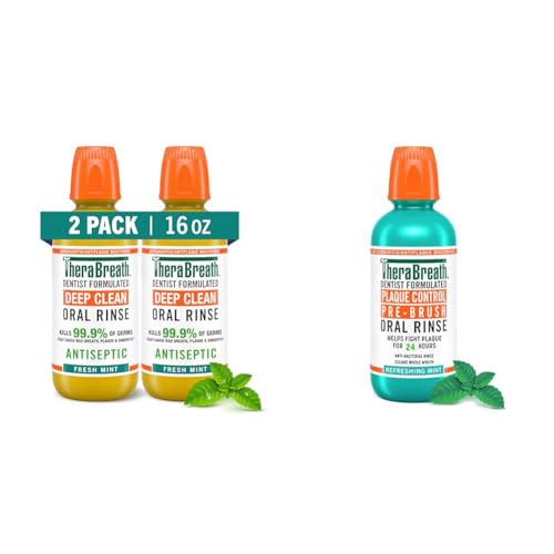 TheraBreath Deep Clean Antigingivitis Antiseptic Alcohol-Free Mint Mouthwash (16 fl oz, Pack of 2) + Plaque Control Cool Mint Pre-Brush Mouthwash (16 fl oz)