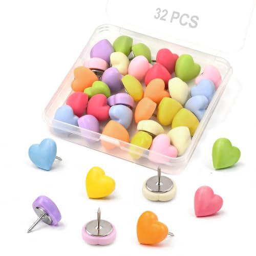 NEIXIILY 32 Pcs Push Pins, Cute Heart Shaped Matte Rainbow