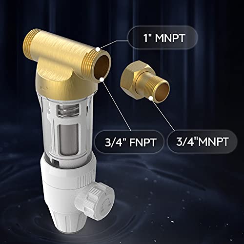 Heaorld Spin Down Sediment Filter, Backwash Whole House Pre-Filtration System With Scrapper, 40-Micron, 1" Mnpt + 3/4" Fnpt + 3/4"Mnpt, Bpa Free, Brass, 40Μm Element #TOP5