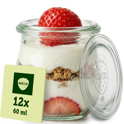 Weck Gläser 60ml 12er Set mit Deckeln Tulpenform robuste stapelbare Dessertgläser Einkoch- & Einmachgläser klein Weckglas ideal für Nachtisch & Marmelade Made in Germany