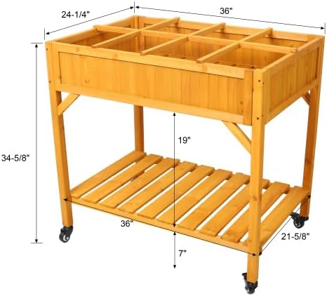 LuckyNote】Elevated 8 Pocket Herb Garden Bed, Mobile Raised Customizable Wood Planter for Herbs, Vegetables, Flowers w/Lockable Wheels, Storage Shelf, Drainage Holes 36x24x34 Inch