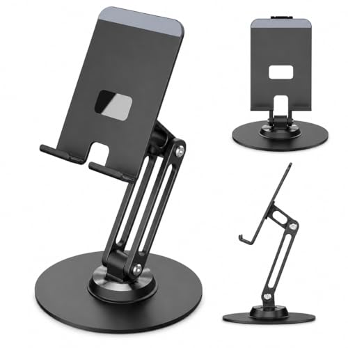Suporte de Mesa para Celular Giratório 360° em Alumínio Preto Ajustável Articulado com Base Antiderrapante para Smartphone, Videochamada, Escritório e Home Office