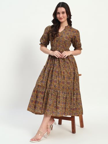 Image of Women's Fit and Flare Dress I Pure Cotton Long Summer Maxi Dress I V-Neck I Casual Wear I Printed Kalamkari Floral Middi
