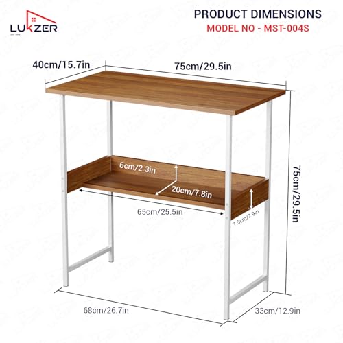 Image of Lukzer Study Desk with Open Storage Shelf | MST-004S /White & Oak Brown | Durable Metal & Wooden Study Table for Home & Office | Space-Saving Laptop /Computer Workstation for Students & WFH(75x40x75 cm)