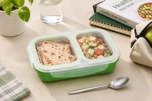 Image of Bento Lunch Box 550ml, Stainless Steel Lunch Box with 2 Compartments & Spoon, Microwave Safe BPA Free Tiffin Box, Leak Resistant Lunch Box for Kids & Adults, Office, School & Travel Green