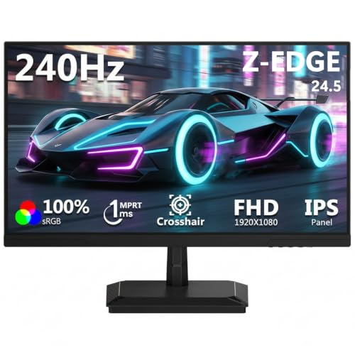 Z-Edge 24.5 Inch 240Hz Gaming Monitor IPS Panel 1ms MPRT Full HD 1080P 350cd/m Brightness 100% sRGB 16:9 PC Monitor FreeSync Crosshair HDMI & DisplayPort VESA Mountable - Black