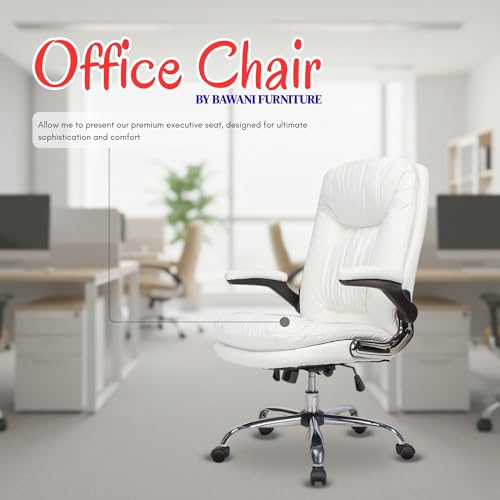 Image of Premium Leatherette Executive Office Chair with Chrome Base & Padded Armrests | Adjustable Height Swivel Desk Chair for Office & Home (White)