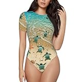 DUWAA Camiseta de manga corta con estampado de estrella de mar de tortuga, elástica, ajustada, para mujer, con entrepierna a presión, Negro, L