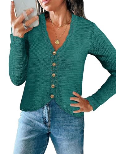 Image of Saodimallsu Womens V Neck Cardigan Sweaters Button Up Cropped Boho Knit Long Sleeve Loose Trendy Sweater Tops