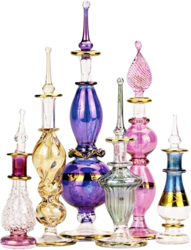 NileCart Egyptian Perfume Bottles Wholesale Mix Collection Set of 12 hand Blown Decorative Glass 2-5 in with handmade golden Egyptian decoration for Perfumes & Essential Oils