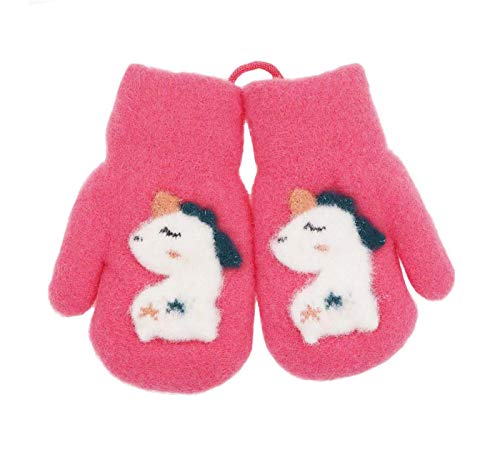 Toddler Boys Girls Winter Warm Knit Mittens with String Kids Baby Soft Thick Fleece Lined Unicorn Gloves