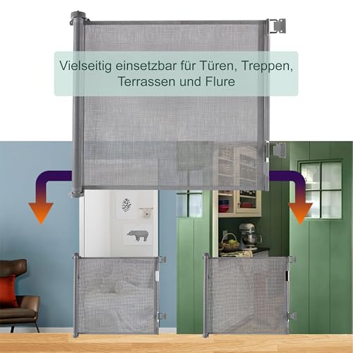 Relaxdays Türschutzgitter, ausziehbares Türschutzrollo bis 3 m, Bohrmontage, Kinderschutz, Treppenschutzgitter, grau