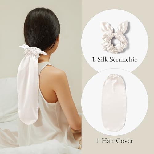 Image of LILYSILK 100% Silk Bonnet for Sleeping & Daily Usage, 2-in-1 Silk Hair Ties with Silk Scrunchies for Long and Curly Hair Elastic Adjustable for Women Ladies and Girls Ivory