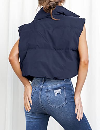 Merokeety Women's Zipper Stand Collar Cropped Puffer Vest Solid Color Padded Gilet Outerwear,Navy,M #TOP3