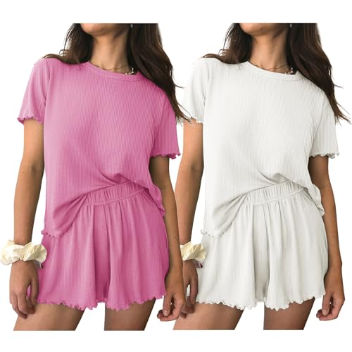 Image of Ekouaer 2 Packs Women Pajama Set Short Sleeve Sleepwear Soft Top and Shorts | Casual Pjs Outfits Ribbed Knit Lounge Set with Pockets