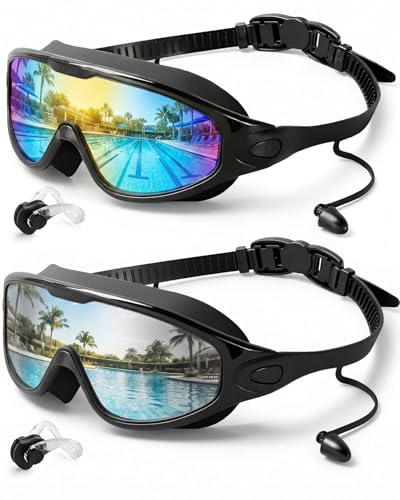 Rantizon Swim Goggles 2 Pack, Adjustable Wide View Anti Fog&UV Swimming Goggles for Audlt, No Leaking Swim Glasses for Men Women Youth, Aqua & Bright Silver