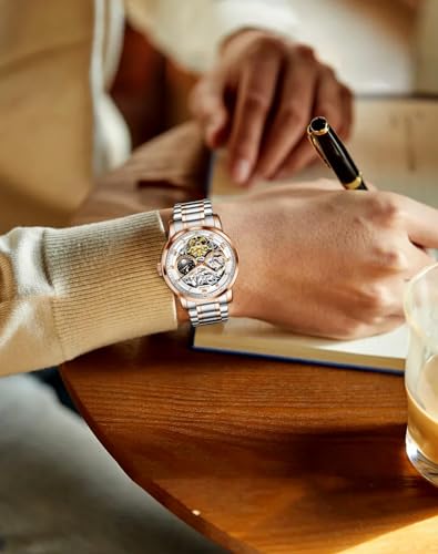 Image of OLEVS Men Automatic Watch Diamond Skeleton Mechanical Luxury Self Winding Moon Phase Calendar Waterproof Wrist Watch for Men