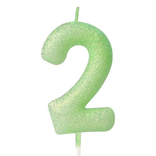 Green 3D Glitter Birthday Candle,Macaron Flash Number 2 Candle Topper,Suitable for Girls and Boys' Birthdays Party Cake Decorations,Weddings,Anniversaries