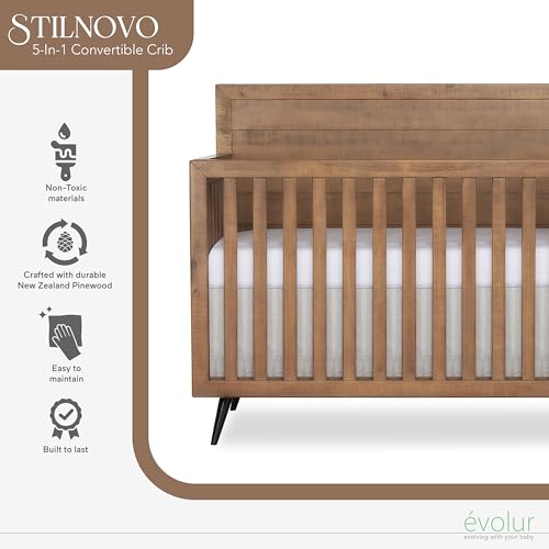 Image of evolur Stilnovo Mid-Century 4-in-1 Convertible Baby Crib in Sugar Cane, GreenGuard Gold & JPMA, Converts to Toddler, Day & Full-Size Bed, 3 Mattress Heights, Modern Retro Design Nursery