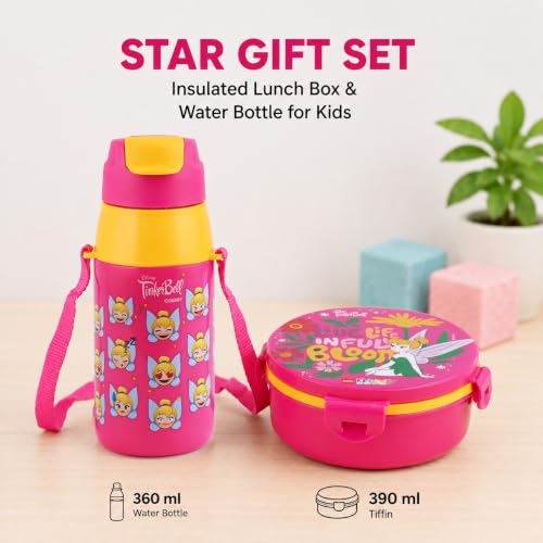 Image of CELLO Kidzbee Star Gift Set Combo for School Kids Pink | 3D Touch & Feel Tinkerbell Design Airtight Clip Lock Insulated Lunch Box 390ml with Leak Proof Flip Top Sipper Water Bottle for Kids Boys Girls