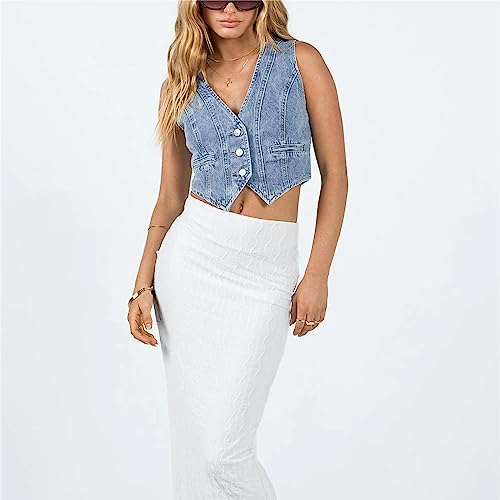 HOXIJIA Women Vintage Y2K Denim Vest Sleeveless V Neck Button Crop Jean Waistcoat Vest Retro Streetwear Going Out Tank Top4