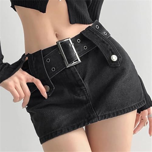 Women's High Waist Summer Denim Mini Skirt Wide Waistband Washed Denim Skirt4