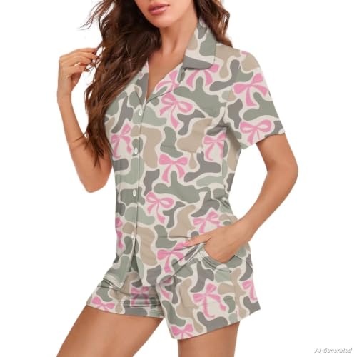 Image of Renewold Button Down Womens Pajama Set Short Sleeve Loungewear Bow Nightwear Sleepwear Night Suit Tops Shorts 2 Pieces