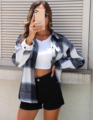 Zeagoo Damen Hemdjacke Karierte Bluse Langarm Hemd Mantel Flanell Jacke Herbst Übergangsjacke Blau S