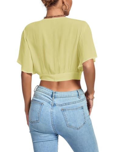 Image of LYANER Women's Sexy Deep V Neck Tie Front Wrap Cropped Blouse Bell Short Sleeve Ruffle Crop Tops