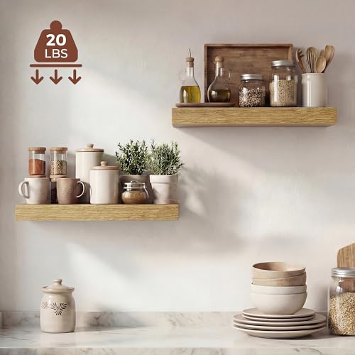 Image of Dreamland 16 Inches Floating Shelves for Wall, 9.3 inch Deep Long Floating Shelves Set of 2, Large Display & Storage Shelf, Wall Shelf for Bathroom Bedroom Living Room Kitchen Office, Oak