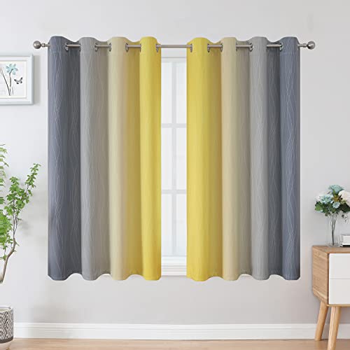 Ombre Gray and Yellow Blackout Curtains 54 Inch Length 2 panels, Full Room Darkening Curtains for Kids Room, Grommet Thermal Insulated Gradient Drapes, Light Blocking Curtains for Bedroom, 52x54 Inch