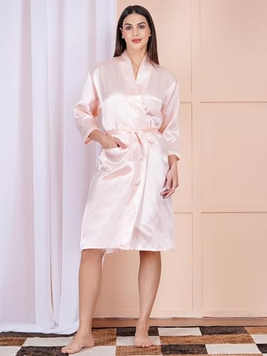 Image of Premium Satin Fullsleeve Bathrobe Solid Print Lightweight & Comfortable Loungewear Robe