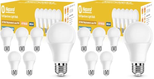 Image of Full Spectrum Light Bulb, 6000K Natural Sunlight Bulbs, 9W 60W Equivalent LED Light Bulb, Natural Light Bulbs A19, E26 /E27 LED Light Bulbs for Home, 12 Pack