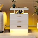 Gurexl LED Bedside Table with Wireless Charging Station,Smart Nightstand with Human Sensor, Highlights Bed Side Tables with 3 Drawers and Glass Tabletop for Bedroom Living Room Study,White