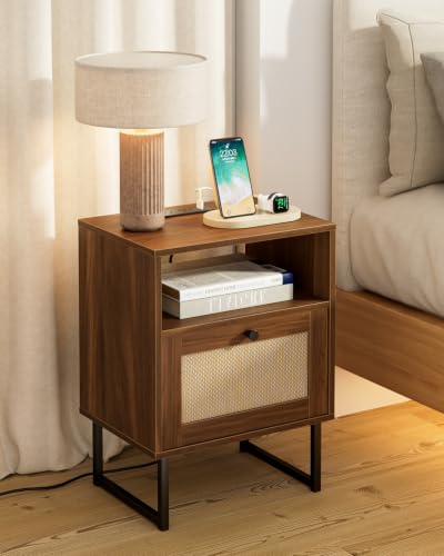 Image of Rattan Nightstand with Charging Station, Boho Night Stand Farmhouse Wood Bedside Table with Storage and Open Shelf, End Side Accent Table for Bedroom,Living Room,Walnut