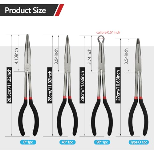 Image of 4 Pack 11 inch Precision Long Nose Pliers Set with Portable Bag, Insulated Grip | Straight, 45 & 90 Angle Curved & Circle Nose for Wire Bending, Trimming, Narrow Spaces, Hard to Reach Area & Precision Work