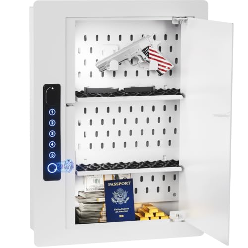 Image of Grimtron Biometric Wall Safe Between 16 inch Studs with Shelves & Hooks, White