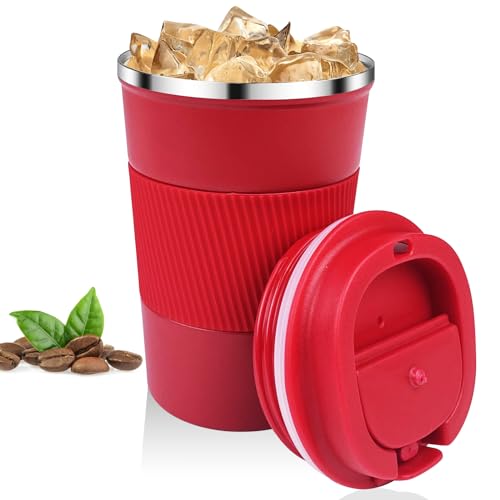 Relota Taza de Café 380mL Rojo, Termo para Llevar 304 Acero Inoxidable, Vaso Térmico Antigoteo para Coche, Hermético para Café Frío y Caliente, Leche y Té