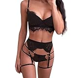 Reizvolle Lingerie Unterwäsche, 12shage Sexy Dessous Set mit Spitze BH String Strumpfband Damen Reizwäsche Strapse Set (Schwarz, S)
