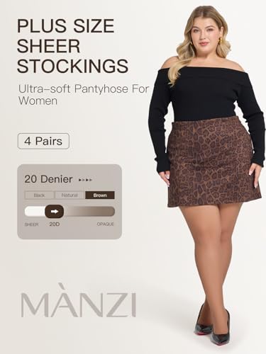 Image of MANZI Women's Plus Size Pantyhose 4 Pairs Sheer Nylon Tights