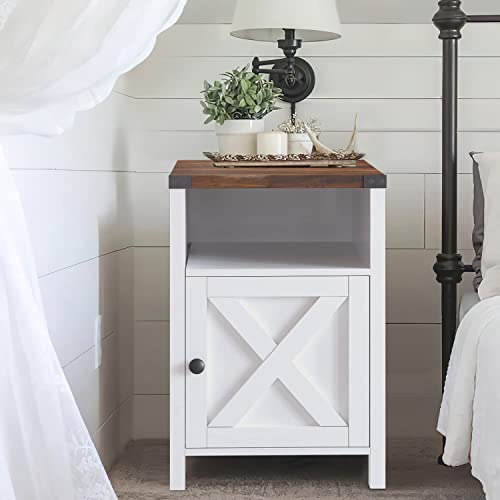 Catrimown Farmhouse End Table, Set of 2, Rustic Night Stand with Barn Door and Storage Shelf, White End Table Side Table for Bedroom Living Room, White - Thumbnail 7
