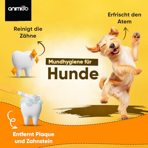 animigo 2X Hundezahnpasta (je 100g), 1x dreiköpfige Hundezahnbürste & 1x Fingerzahnbürste - Gegen Plaque & Zahnstein - Ohne Zuckerzusatz, künstliche Farbstoffe & Aromen - Ohne Fluorid oder Xylitol