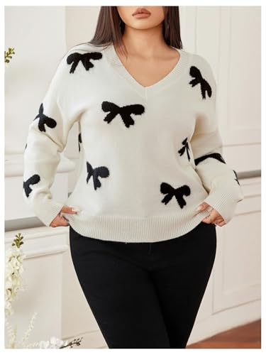 Image of RoseSeek Women's Plus Size Bow Sweaters V Neck Long Sleeve Knit Pullover Tops Soft Knitwear
