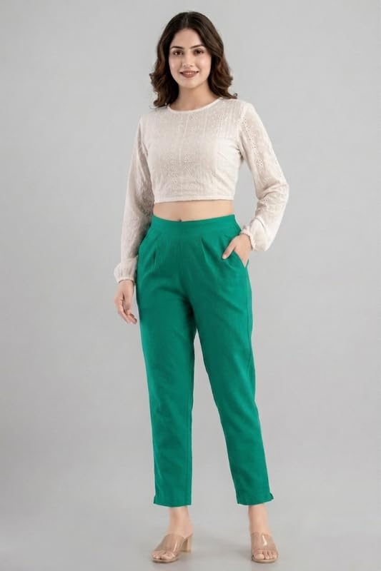 Image of Solid Cotton Woman Trousers Pants Regular Fit Kurti Pant with Drawstring Daily Office Formal Casual Use