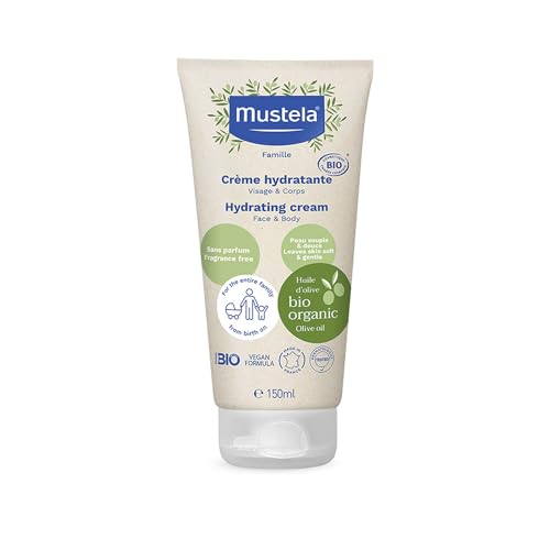 Mustela Crema idratante bio e vegana con olio d'oliva, aloe vera e glicerina (150ml) - Idrata senza ungere anche le pelli sensibili - Senza profumo, 99% ingredienti di origine naturale