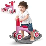 BABY JOY 3 in 1 Rocking Horse, Kids Ride on Toy Balance Bike w/ 4 Smooth Wheels, Detachable Balance Board and Height Adjustable Seat, Baby Rocking Toy for Boys Girls 1-3 Years Old (Rose+Pink)