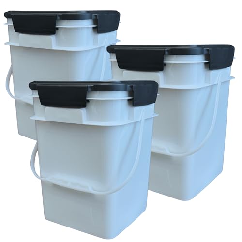 Image of House Naturals 4 Gallon Square Food Grade Bucket Pail with Plastic Handles and Lid (Pack of 3) Made in USA containers (White - Black lids)