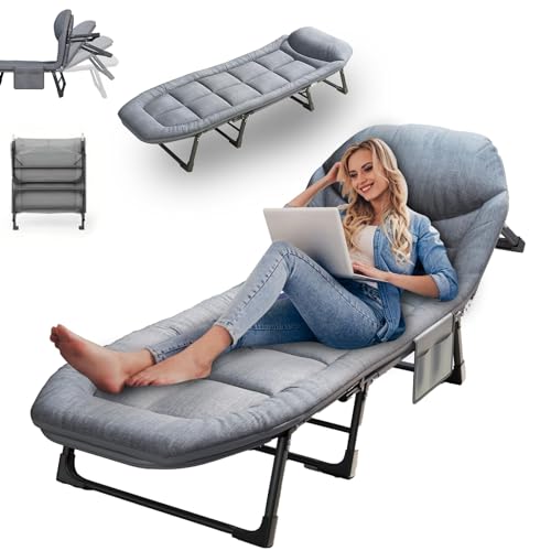 iklarewv Chaise Lounge Chair, Folding Cot, 6-Angle Adjustable Camping Cot with Mattress for Patio and Beach, Foldable Bed Portable Heavy Duty Lay Flat Reclining with Pillow (Gray, L - 75'')